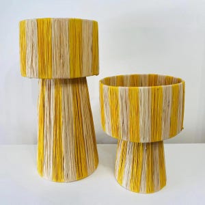 Handcrafted Yellow Striped Raffia Table Lamp | Modern Boho Accent Lighting
