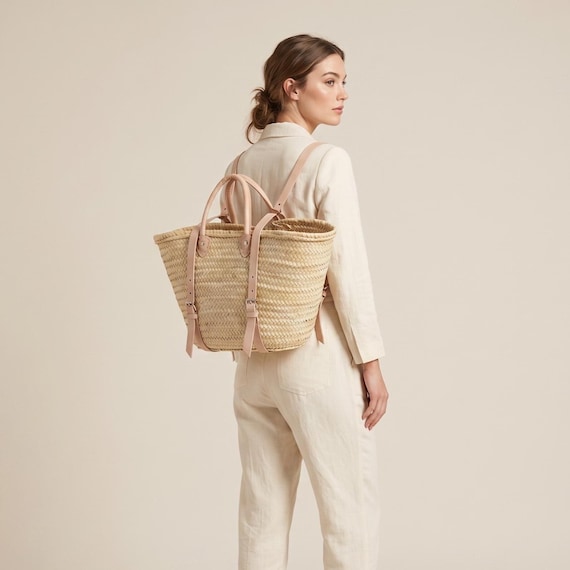 French Market Basket Backpack with Leather Straps | Boho Summer Beach Bag & Shopper