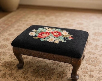 Vintage Needlepoint Footstool Floral Embroidered Foot Rest Carved Wood Stool  Cottagecore Decor Grandmillennial Accent Furniture