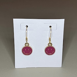 Pink Smiley Face Earrings - 18k Gold Plated - Nickel Free