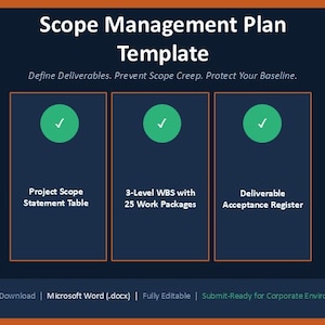May include: A dark blue template titled "Scope Management Plan Template" with three green circles and white text boxes. The text includes "Project Scope Statement Table", "3-Level WBS with 25 Work Packages", and "Deliverable Acceptance Register".