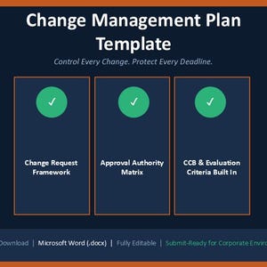Puede incluir: Gráfico azul oscuro con el texto "Change Management Plan Template". Presenta tres cuadros rectangulares con marcas de verificación verdes y títulos: "Change Request Framework", "Approval Authority Matrix" y "CCB & Evaluation Criteria Built In".