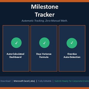 May include: A dark blue digital Milestone Tracker template featuring the text "Milestone Tracker" and "Automatic Tracking. Zero Manual Math." It includes three boxes with green checkmark icons labelled "Auto-Calculated Dashboard," "Days Variance Formula," and "Overdue Auto-Detection." The bottom text reads "Instant Download | Microsoft Excel (.xlsx) | Fully Editable | Submit-Ready for Corporate Environments."