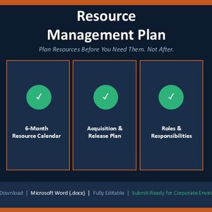 May include: A dark blue digital document titled Resource Management Plan with the subtitle Plan Resources Before You Need Them. Not After. It features three vertical boxes containing green circles with white checkmarks and text labels.