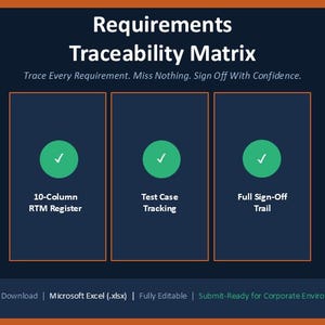 May include: A dark blue graphic titled Requirements Traceability Matrix with the subtitle Trace Every Requirement. Miss Nothing. Sign Off With Confidence. It features three boxes with green checkmark icons labelled 10-Column RTM Register, Test Case Tracking, and Full Sign-Off Trail.