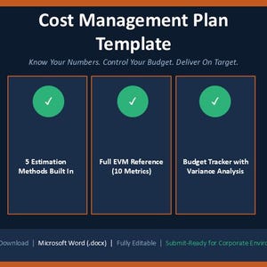 以下が含まれることがあります： 「Cost Management Plan Template」と題された濃い青色のテンプレート。緑色のチェックマークが付いた3つのセクションがあり、「5 Estimation Methods Built In」、「Full EVM Reference (10 Metrics)」、および「Budget Tracker with Variance Analysis」の詳細が記載されています。