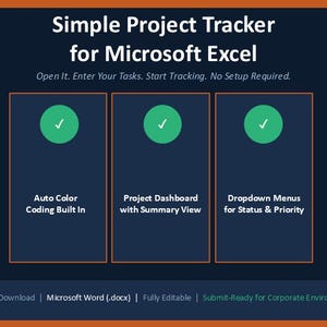 May include: A digital graphic promoting a Simple Project Tracker for Microsoft Excel. The design features three rectangular sections with checkmarks, and text describing features like auto color coding and dropdown menus. The background is dark blue.