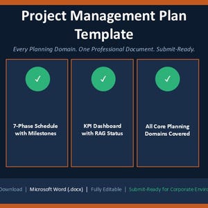 May include: A dark blue project management plan template with orange accents. The title reads "Project Management Plan Template". The template includes sections for a 7-Phase Schedule, KPI Dashboard, and Core Planning Domains. Text at the bottom says "Instant Download".
