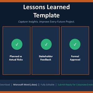 Könnte beinhalten: Eine Lessons Learned Vorlage mit dunkelblauem Hintergrund und orangefarbenen Rändern. Sie enthält drei vertikale Abschnitte mit grünen Häkchen-Symbolen über dem Text: Planned vs Actual Risks, Stakeholder Feedback und Formal Approval.