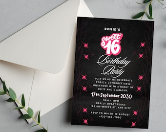 May include: Black and pink birthday party invitation with a glittery design. The invitation says "Rosie's Sweet 16 Birthday Party" and includes the date, time, and location of the party.