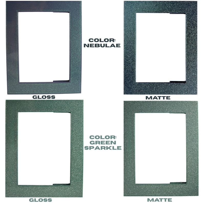 May include: Four picture frames in a square arrangement. Two frames are a glossy finish, and two are matte. The top two frames are "Nebulae" color, and the bottom two are "Green Sparkle." Each frame has a rectangular opening.