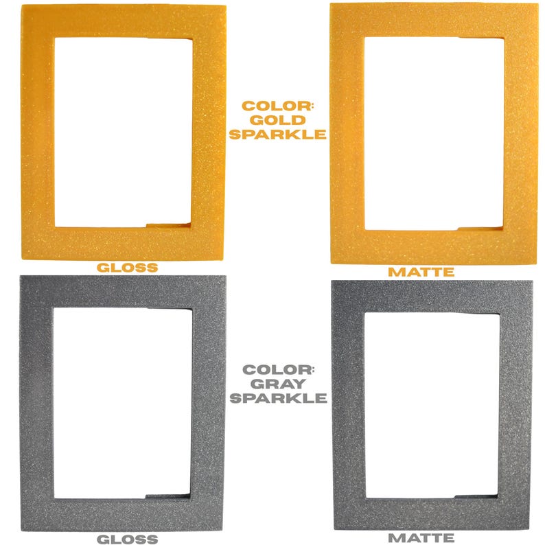 May include: Four picture frames, two in gold sparkle and two in gray sparkle, each with a gloss and matte finish. The text on the image reads "COLOR: GOLD SPARKLE" and "COLOR: GRAY SPARKLE".