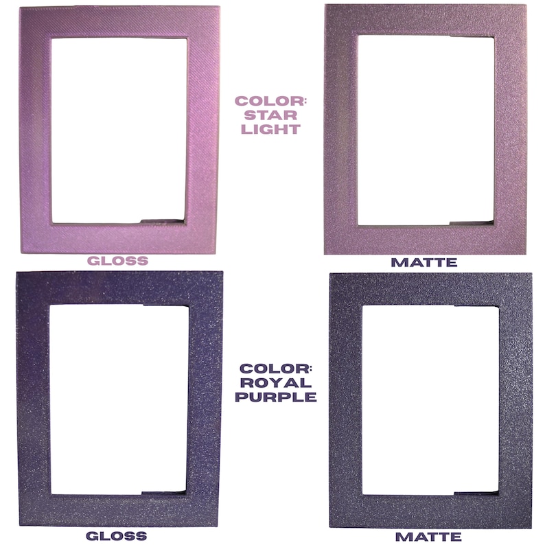 May include: Four picture frames in two colors: Star Light and Royal Purple. Each color has a gloss and matte finish. The Star Light frames are a light purple, while the Royal Purple frames are a dark blue-purple. The text "COLOR: STAR LIGHT" and "COLOR: ROYAL PURPLE" are visible.