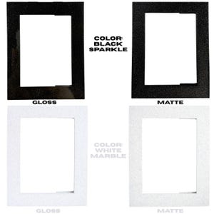 May include: Four rectangular picture frames in black sparkle and white marble, each with a different finish: gloss and matte. The text on the image reads "COLOR: BLACK SPARKLE" and "COLOR: WHITE MARBLE".