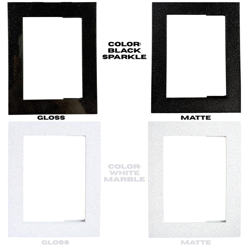 May include: Four rectangular picture frames in black sparkle and white marble, each with a different finish: gloss and matte. The text on the image reads "COLOR: BLACK SPARKLE" and "COLOR: WHITE MARBLE".