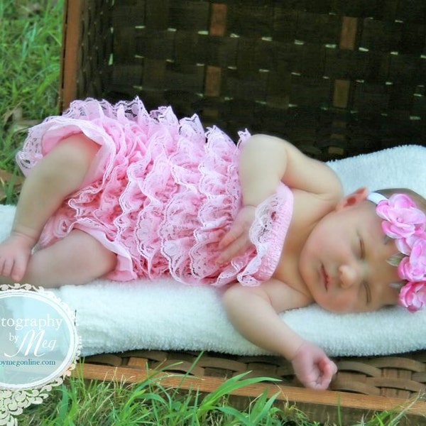 You Pick Size. Chicaboo Pink Ruffled lace petti romper / bloomer. Sizes for ages newborn to 4/5 years. More Colors available