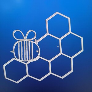 May include: A white outline design of a bee with striped wings and body positioned next to a cluster of four connected hexagonal honeycomb shapes. The graphic is displayed against a solid blue background with a small cursor visible in the center.