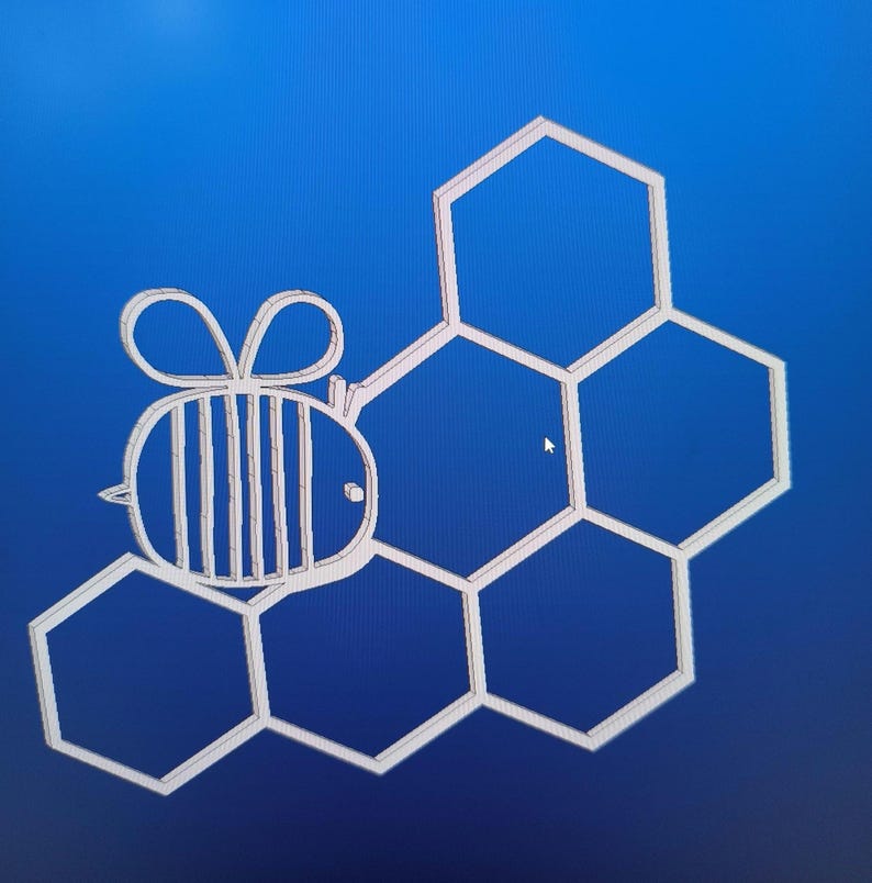 May include: A white outline design of a bee with striped wings and body positioned next to a cluster of four connected hexagonal honeycomb shapes. The graphic is displayed against a solid blue background with a small cursor visible in the center.