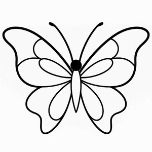 May include: A black and white line drawing of a butterfly. The illustration features a symmetrical design with two large upper wings and two smaller lower wings, all outlined in black. A central body and two antennae are clearly visible.