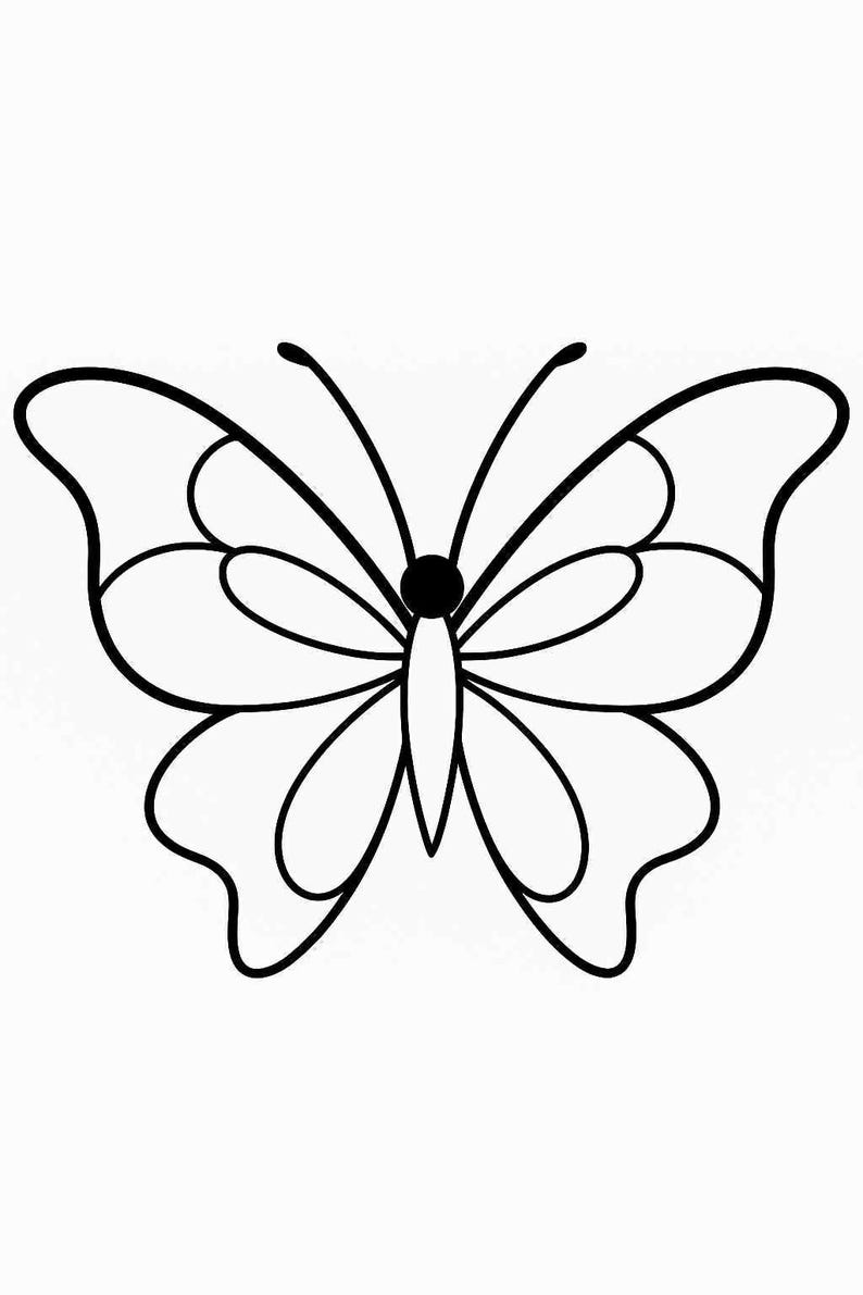 May include: A black and white line drawing of a butterfly. The illustration features a symmetrical design with two large upper wings and two smaller lower wings, all outlined in black. A central body and two antennae are clearly visible.