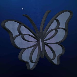 May include: A three-dimensional butterfly silhouette featuring a dark gray frame with a grid-patterned, translucent light blue interior. The design includes two long antennae and symmetrical wing segments defined by thick, raised borders.