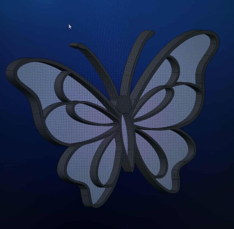 May include: A three-dimensional butterfly silhouette featuring a dark gray frame with a grid-patterned, translucent light blue interior. The design includes two long antennae and symmetrical wing segments defined by thick, raised borders.