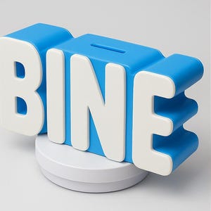 May include: A blue and white piggy bank in the shape of the word "BINE". The letters are white and stand out against the blue body of the bank. The bank has a slot on top for inserting money and sits on a white circular base.