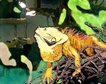 Iguana In The Jungle Vintage Handmade Glossy Ceramic Tile to Hang, Frame for Bathroom, Kitchen, Living Room Décor