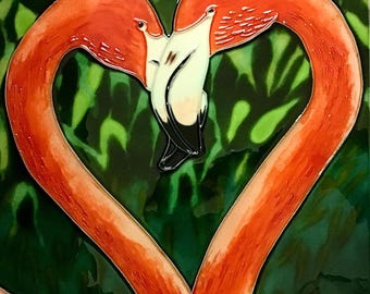 Flamingos Cuddling into Heart shape Vintage Handmade Glossy Ceramic Tile to Hang, Frame for Bathroom, Kitchen, Living Room Décor