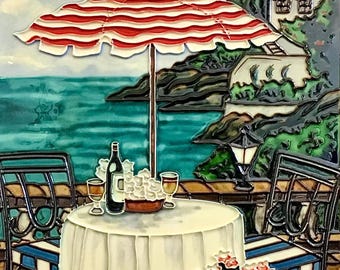 Mediterranean Seaside Café Patio Vintage Handmade Glossy Ceramic Tile to Hang, Frame for Bathroom, Kitchen, Living Room Décor
