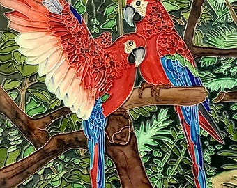 Macaw Parrots Cuddling in the Rainforest Vintage Handmade Glossy Ceramic Tile to Hang, Frame for Bathroom, Kitchen, Living Room Décor