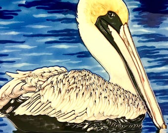 Brown Pelican Swaying in Waters Vintage Handmade Glossy Ceramic Tile to Hang, Frame for Bathroom, Kitchen, Living Room Décor