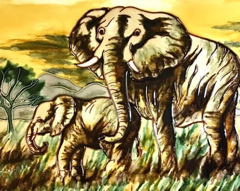 Baby Elephant following Father's Footsteps In the Sunset Safari Vintage Handmade Glossy Ceramic Tile to Hang/Frame for Home Décor