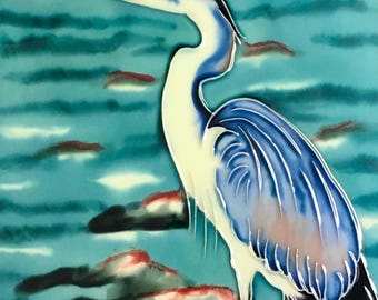 Great Blue Heron by the Waters Vintage Handmade Glossy Ceramic Tile to Hang, Frame for Bathroom, Kitchen, Living Room Décor