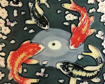 Japanese Koi Fish Cherry Blossom Flower Pond Vintage Handmade Glossy Ceramic Tile to Hang, Frame for Bathroom, Kitchen, Living Room Décor