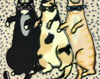 Groovy Jaming Sunglasses Cats Vintage Handmade Ceramic Tile Hang, Frame in Bathroom, Kitchen, Living Room, Home Décor