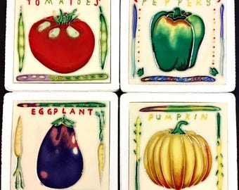 Farm to Table Rustic Veggies 4 Piece Coasters Set Vintage Handmade Glossy Ceramic Tile Hang/Frame, Bathroom/Kitchen/Living room/Home Décor