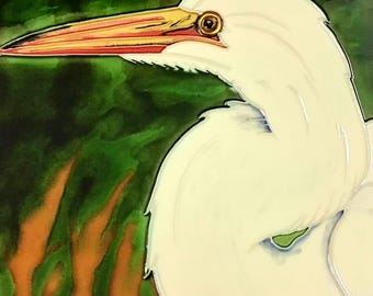 The Great Egret with Golden Gaze Vintage Handmade Glossy Ceramic Tile Hang/Frame, Bathroom/Kitchen/Livingroom/Home/Office/Restaurant Décor