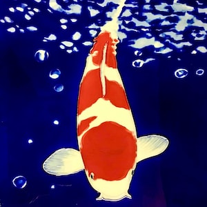May include: A vibrant image of a koi fish with a striking red and white pattern, set against a deep blue background. The fish is surrounded by bubbles, creating an underwater scene. The koi's fins are white, and the overall aesthetic is artistic.