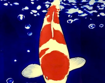 Red White Koi Fish Vintage Handmade Glossy Ceramic Tile to Hang, Frame for Bathroom, Kitchen, Living Room, Home Décor