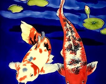 Couple Koi Among Blooming Lotus Vintage Handmade Glossy Ceramic Tile to Hang, Frame for Bathroom, Kitchen, Living Room Décor