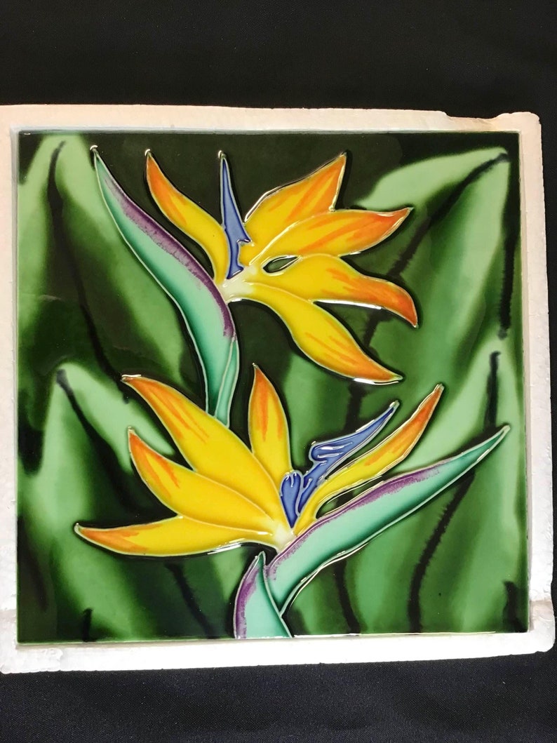 Bird of Paradise Tropical Flower Handmade Vintage Glossy Ceramic Tile ...