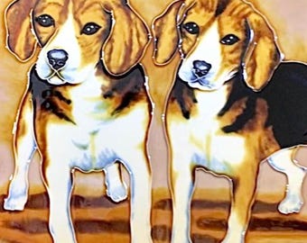 The Beagle Pair Pawfect Partners Vintage Handmade Glossy Ceramic Tile Hang/Frame Display Home Décor