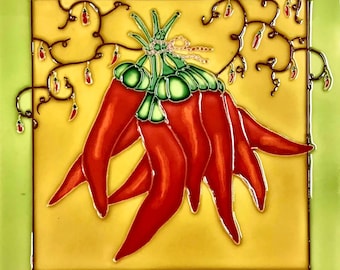 Folk Art Red Chile Peppers Vintage Handmade Glossy Ceramic Tile to Hang, Frame for Bathroom, Kitchen, Living Room, Home Décor