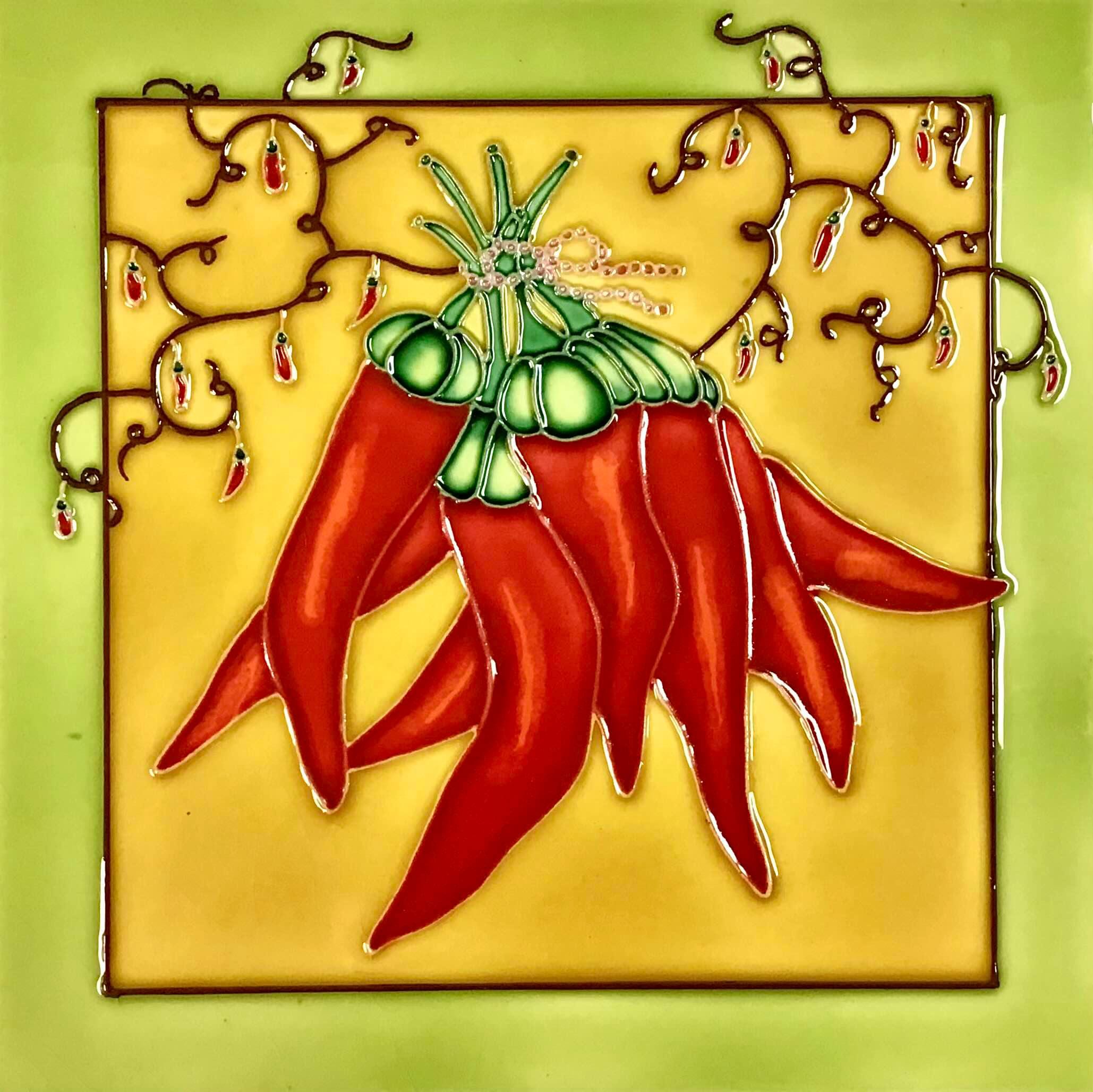 Volkskunst Rote Chilischoten Vintage Handgefertigte Glänzende Keramikfliese zum Aufhängen, Rahmen für Badezimmer, Küche, Wohnzimmer, Wohnkultur