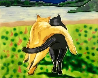 Kitty Hugs, Friendship and Love Vintage Handmade Glossy Ceramic Tile to Hang, Frame for Bathroom, Kitchen, Living Room Décor