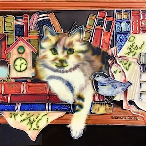 Tabby Cat and Chickadee Bird In The Library Vintage Handmade Glossy Ceramic Tile to Hang, Frame for Bathroom, Kitchen, Living Room Décor
