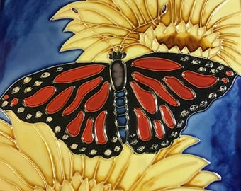 Monarch Butterfly Sunflower Vintage Handmade Glossy Ceramic Tile for Hanging, Framing, Installation in Bathroom, Kitchen, Living Room Décor