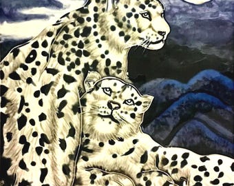 Snow Leopard Cuddles in Moonlight Vintage Handmade Glossy Ceramic Tile to Hang, Frame for Bathroom, Kitchen, Living Room Décor