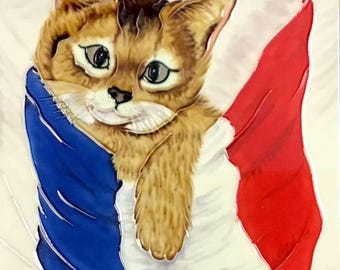 Kitten in France Vintage Handmade Glossy Ceramic Tile Hang/Frame, Bathroom/Kitchen/Living room/Home Décor